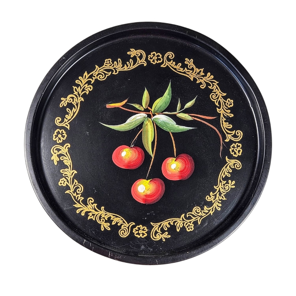 Vintage Toleware Round Hand Painted Cherries Metal Tray Platter 11 in